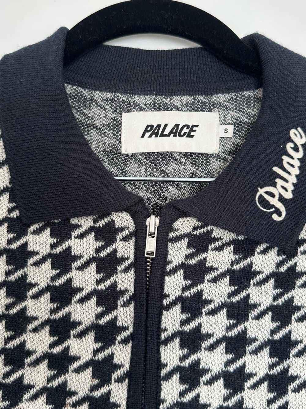 PALACE Navy and White Houndstooth Zip-Up Sweater